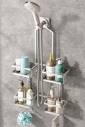 Aluminum Shower Caddy Hanging for Handheld Showerheads, Never Rust Shower Organizer with Hooks Holder Toothbrush Holder，Over Showerhead Caddy for Bathroom - color: Silvery