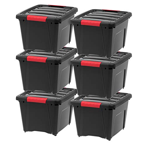 IRIS USA 19 QT Plastic Storage Box with Lid and Latches - 6 Pack - BPA-Free, Garage Organizing Solution, Durable Nestable Stackable Containers, Secure Pull Handle - Black - size: 19 Qt, style: 6 Pack