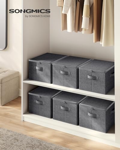 SONGMICS Foldable Storage Organizer Boxes, Set of 3 Storage Basket Bins with Lids, Handles, Clothes Organizer, 15.7 x 11.8 x 9.8 Inches, Non-Woven Fabric, Slate Gray URYZB03G - color: Slate Gray, size: 3 Pack (15.7''L x 11.8''W x 9.8''H)