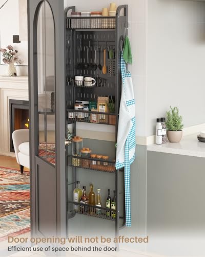 UMDONX Behind The Door Bathroom Shelf Narrow 4-Tier, Metal Storage Rack, Space-Saving Slim Storage Shelf Narrow Shelving Unit for Bathroom and Kitchen Black - color: Black With Cutlery Holder, size: Width 17.5in