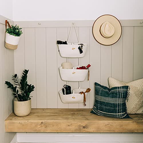 OrganiHaus White 3-Tier Wall Hanging Baskets for Organizing, Hanging Storage Basket, Over the Door Basket Organizer, Wall Mounted Basket for Nursery Organization, Hanging Baskets for Nursery Decor - color: Full Off-white
