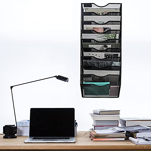 EASEPRES 10 Pocket Mesh Hanging Wall File Organizer, Wall Mounted Mail Paper Document Folder Holder, Clipboard Storage Organization Magazine Rack with Nametag Label for Office Home School, Black - color: Black, size: 10 Tier