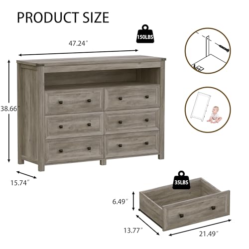 Dresser for Bedroom with 6 Drawers, Wide Chest of Drawers with LED Light and Power Outlet, Wooden Closet Organizer Clothes Storage Cabinet, Modern Double Dressers for Living Room, Hallway, Grey - color: Grey, size: 15.8"D x 47.2"W x 39.4"H (6 Drawers)