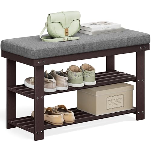 SONGMICS Bamboo Shoe Bench, 3-Tier Shoe Rack Organizer for Entryway, Living Room, Bench Seat Holds Up to 300 lb, 11.9 x 28.3 x 19.2 Inches, Rustic Walnut and Slate Gray ULBS604CG - color: Rustic Walnut + Slate Gray, size: 28.3"W