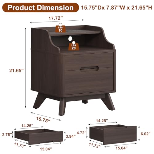 Night Stand with Charging Station, 21" Nightstand with Drawer/Open Shelves, Modern Nightstand w/2 Storage Drawers for Bedroom, Wood Bed Side Table End Table Bedside Table for Dorm, Home Office, Brown - color: Brown, size: 15.8"D x 17.7"W x 21.7"H (2 Drawe