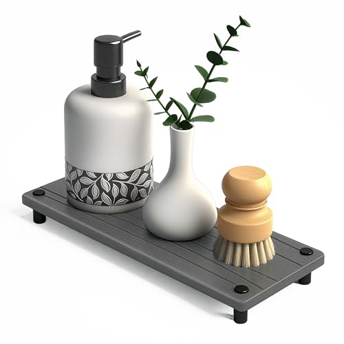 Quick Dry Sink Caddy Kitchen Sink Organizer, Water Absorbing Stone Tray for Sink, Stone Drying Tray, Diatomite Faucet Mat & Protector, Dispenser Sponge Holder, Stone Soap Tray for Bathroom Counter - color: Gray Metal Foot Wave Large