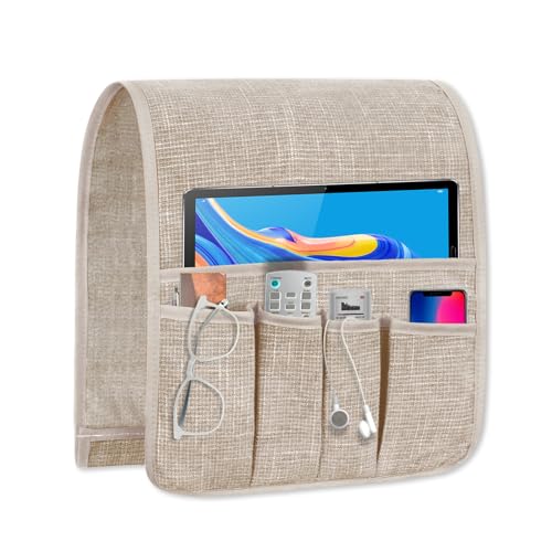Couch Armrest Remote Control Holder, Couch Caddy Gifts for Seniors Bed Caddy Tv Remote Holder with 5 Pockets for Key Glasses Phone Magazine Holders - color: Beige