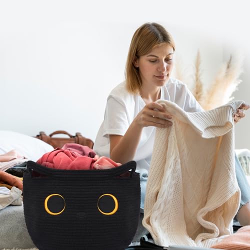 Cute Black Cat Round Basket - Cotton Rope Baskets Large Baby Laundry Blasket for Nursery, Woven Blanket Basket Hamper With Handle Toy Storage Basket for Gifts, Baby Shower 14 ×12 inchs 30.5L - color: Black, size: 14 × 12 inches