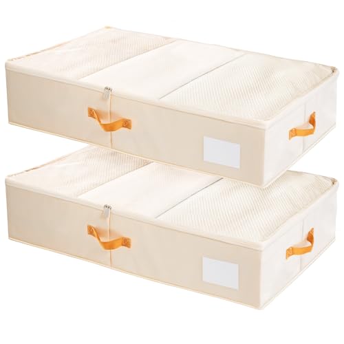 Criusia Under Bed Storage Bins with Clear PVC Lids – 2 Pack Large Underbed Organizers with Heavy-Duty Handles, Reinforced with 800G PP Panels & 80G Non-Woven Fabric – Waterproof & Foldable, Beige - color: 2 Pack Beige