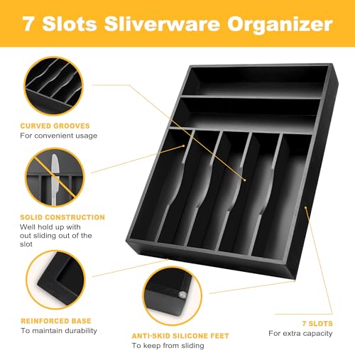 Kitchen Bamboo Silverware Organizer, Kitchen Drawer Organizer - Utensil Holder and Cutlery Tray with Grooved Drawer Dividers for Flatware 7 Slot, Black - color: Black, size: 7 Slots