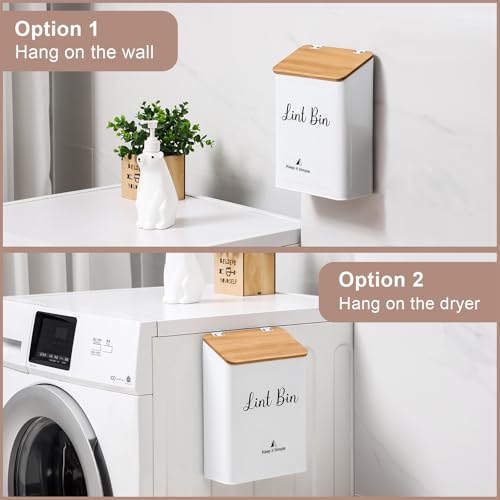 SUBEKYU Magnetic Lint Bin for Laundry Room, Wall Mounted Metal Lint Box Holder with Lid for Dryer,Laundry Room Organization and Storage,Bamboo Lid Lint Basket,White - color: White