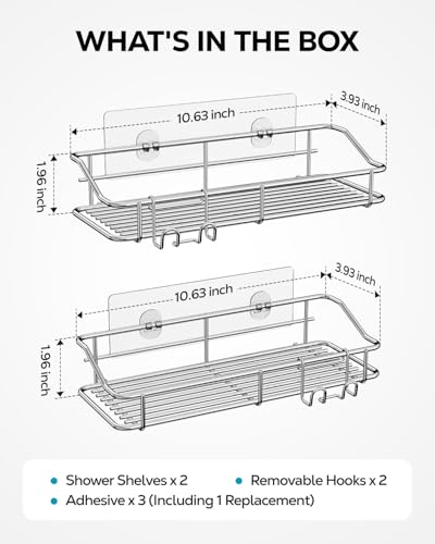 Nieifi Shower Caddy Shelf Storage Rack Adhesive Without Drilling Stainless Steel with Hooks for Washroom, Lavatory, Restroom, Toilet, Bathroom, Kitchen - 2 Pack - color: A-Silver, size: 2 Pack