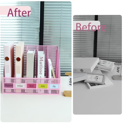 Desk Organizers, Metal Magazine File Holder with 5 Vertical Compartments Rack Binder File Organizer for Office Supplies, Home Workspace - Pink - color: Pink, size: 5 Compartments