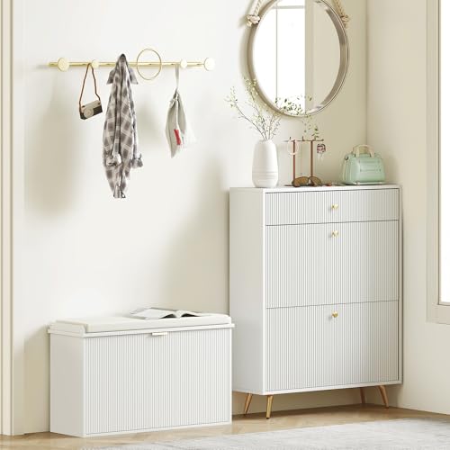 HOMCOM Narrow Shoe Bench with Padded Seat Cushion and Flip-Drawer, Small Entryway Bench Holds up to 265lb, Shoe Cabinet, 31.5x10.2x18.7 Inches, White - color: White, size: 31.5" x 10.2" x 18.7"