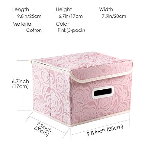 PRANDOM Collapsible Storage Boxes with Lids Fabric Decorative Storage Bins Cubes Organizer Containers Baskets with Cover Handles Divider for Bedroom Closet Living Room 9.8x7.9x6.7 Inch 3 Pack - color: Pink, size: Small(3-Pack)