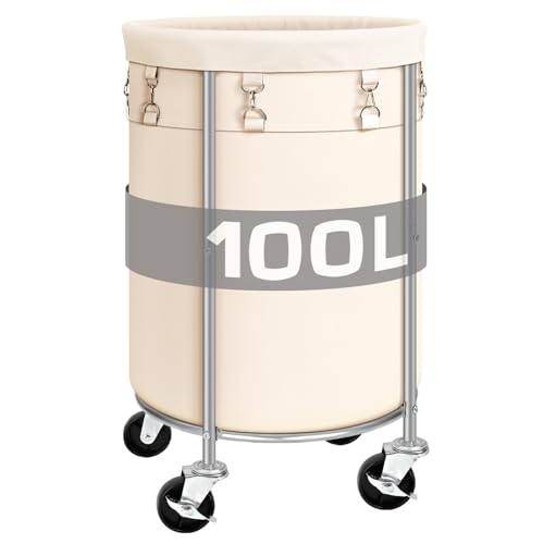 Laundry Hamper with Wheels, 100L Round Rolling Laundry Basket Sorter with Removable Bag, Clothes Cart Organizer with Steel Frame for Bedroom, Bathroom, Laundry Room, Beige - color: Beige