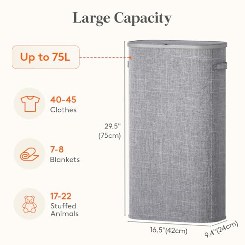 Lifewit Slim Laundry Basket with Lid, Narrow Large Laundry Hamper with Plastic Handles and Removable Bag, Tall Foldable Dirty Clothes Hampers for Laundry Room, Bedroom, Bathroom, Dorm, 75L Gray - color: Gray, size: 75L