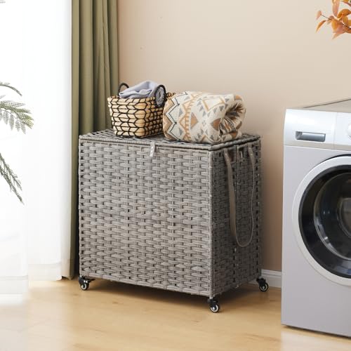 Laundry Hamper with Wheels, 39.6 Gallon(150L) Rolling Laundry Basket with Lid, 3-Section Rattan Clothes Hamper with 3 Removable Liner & 3 Mesh Bags, Laundry Sorter with Side Pocket, Grey - color: Grey, size: 150L（23.62 x 15.75 x 25.6 Inches）
