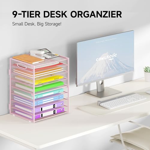 Cawukege 9 Tier Paper Organizer with Handle, Pink Large Capacity Desk Organizer Mesh File Folder Letter Paper Tray Desktop Document Sorter for Classroom, School, and Office Accessories Organization - color: 1 Pack - Pink