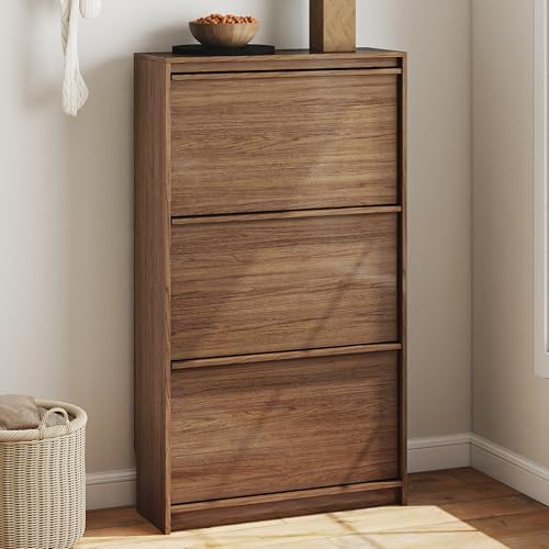 Shoe Cabinet with 3 Flip Drawers, 23.62" W Narrow Shoe Storage Cabinet for Entryway, Slim Shoe Organizer with Adjustable Shelves, Freestanding Shoe Rack for Hallway, Living Room, Walnut - color: Walnut, size: 9.45"D x 23.62"W x 45.47"H