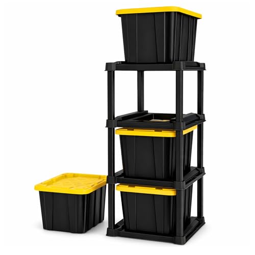 Sterilite 4 Tier Tote Rack, Vertical Plastic Organizer with 4 Pack 27 Gallon Industrial Storage Totes, Black - for Garages, Workshops, or Basements - size: 27 Gallon - Black/Yellow + Tote Rack