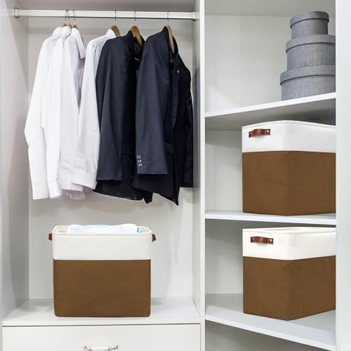 Bagnizer Large Fabric Storage Baskets | 50L Storage Bins, Decorative Linen Closet Baskets with Handles for Organizing, Shelf, Toys, Clothes, Home, Office, Nursery, 17x12x15Inches (Brown&White) - color: Brown / Off-White, size: Extra Large -17"x12"x15"