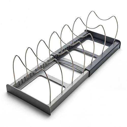 OMIO Expandable Pot Lid Organizer Rack for Under Cabinet, Adjustable 12"-22" Kitchen Storage with 7 Steel Dividers, Scratch-Resistant ABS Base for Pans, Cutting Boards, Bakeware, Grey - color: Deep Grey & Light Gray