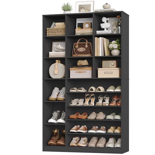 Keyluv 74" Tall Shoe Cabinet for Entryway, Modern 6-Tier Large Shoe Storage Organizer for 27-32 Pairs, Multi-Functional Wood Display Shelf & Bookshelf for Closet, Hallway & Living Room, Black - color: Black