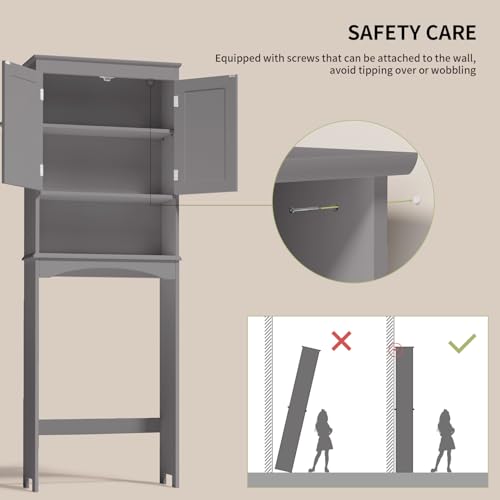 Gizoon Over The Toilet Storage Cabinet with Adjustable Shelf and Double Doors, Bathroom Space Saver Organizer Above Toilet with Open Shelf, Taller Wooden Free Standing Toilet Rack -Grey - color: Grey