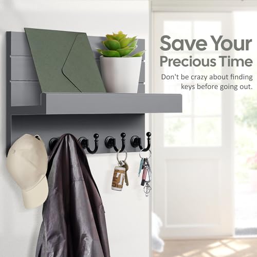 HONJIN Key and Mail Holder for Wall: Rustic Key Hanger Key Rack Organizer with 5 Sturdy Key Hooks for Entryway Bedroom Kitchen House Decor (Grey) - color: Gray