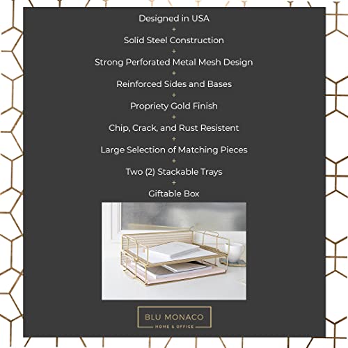 BLU MONACO | Paper Tray Stackable Gold Mesh Set of 2 | Stackable File Trays for Desk Organization | Tiered Desk Organizer with Metal Letter Trays - color: Gold