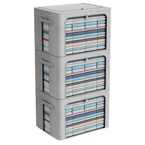 CYhom 3Pack Foldable Storage Bins - Frame Storage Box Linen Fabric Stackable Clothes Container Organizer with Clear Window & Carry Handles Large Capacity (Extra Large-100L, Light Grey) - color: Light Grey, size: Extra Large-100L