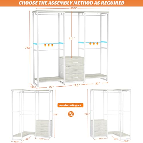 Aheaplus Garment Rack Heavy Duty Clothes Rack for Hanging Clothes,Clothing Racks with Drawers, Wood Stoarge Shelf Freestanding Closet Wardrobe, Corner L Shaped Closet System Organizers, White Oak - color: White Oak