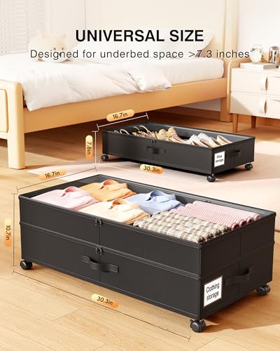Under Bed Storage with Wheels,2Pack Underbed Shoe Storage Organizer,7.5-10.6 inchTall Adjustable Storage for Underbed with Lids,65L Extra large capacity for Clothes, Blankets,Shoes - size: 2pcs