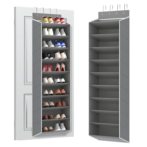 REGELETO 10 Tiers Large Size Over Door Shoe Organizer Storage, Hanging Shoe Rack for Door with Deep Pockets, Fit 20-30 Pairs Shoe Organizer Holder for Sneakers and Boots (Grey) - color: Grey-10 cell