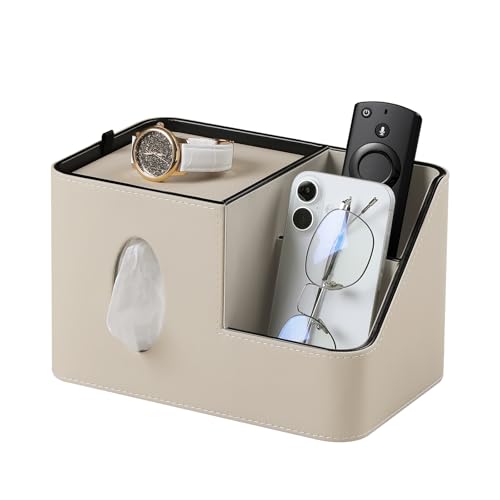 PU Leather Square Tissue Box Cover with Magnetic Closure, Tissue Holder with Storage Tray & Remote Control Organizer, for Nightstand, Living Room, Bathroom, Office Desk (Beige) - color: Beige