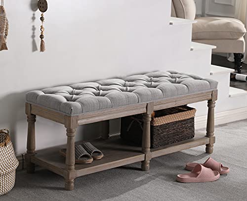 chairus Shoe Rack Bench Storage Vintage Bedroom Padded Bench Seat End of Bed, Fabric Tufted Farmhouse French Entryway Bench with Wood Legs for Hallway Foyer, Gray - color: Grey, size: 45.5 Inches Seat