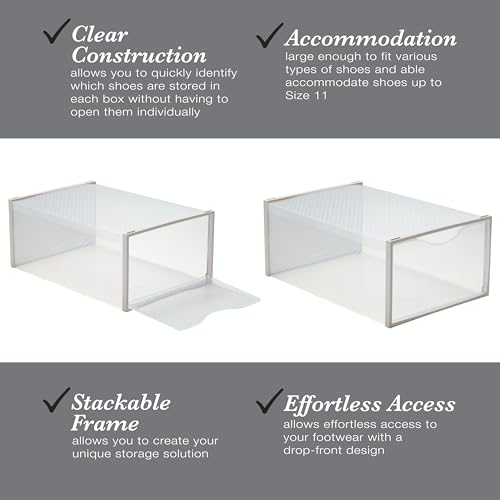 Simplify Set of 12 Stackable Shoe Boxes | Customizable | Fits Size 11 Shoes | Drop Front Design | Closet Storage | Sneakers | Heels | Clear and White - color: White