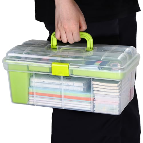 JUXYES Plastic Clear Craft Paint Bottle Storage Box with Divided Tray and Cleaning Cup, Portable Acrylic Paint Storage Organizer Case with Lid, Storage 36 Bottles of 2 fl. oz Acrylic Paints, Green - color: Green