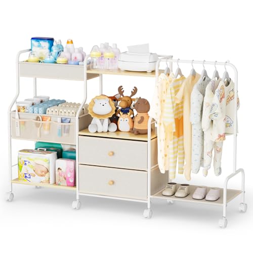 BBLIKE Diaper Caddy Organizer with Hanging Rack - 3 Tier Rolling Utility Cart with Drawers and Dividers for Baby Bottle Storage - Bedside Cart for Changing Station, Crib, Nursery, Bedroom, Beige - color: Beige