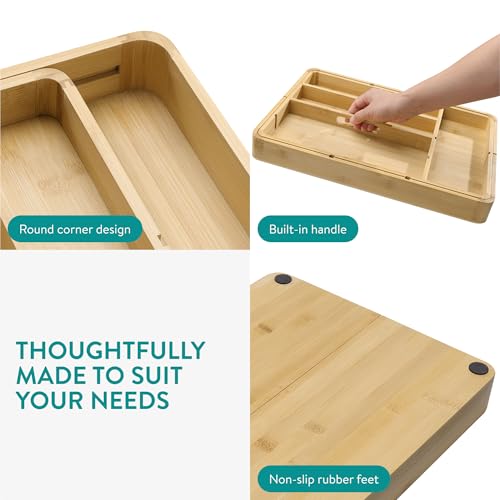 Navaris Bamboo Kitchen Drawer Organizer - Adjustable Silverware Organizer, Utensil Holder & Cutlery Tray - 11 Slots - Expandable Tray for Office, Tools, Makeup, Stationery