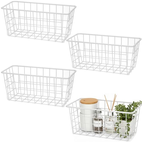 LeleCAT Hanging Kitchen Baskets For Storage Adhesive Sturdy Small Wire Storage Baskets No Drilling Wall Mounted Kitchen Food Pantry Bathroom Shelf Storage, 4 PACK,White - color: White, size: 4 PACK
