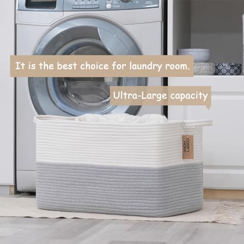 COMFY-HOMI Large Rectangle Laundry Storage Basket | Cotton Rope Woven, Organizing with Handle | Dirty Cloth & Baby Shower Basket | 22x15x12' - White/Grey - color: White/Grey, size: 22''x15''x12''