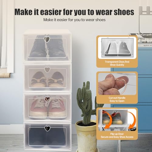 20-Pack Stackable Clear Shoe Storage Boxes, Foldable Shoe Organizer with Flip Doors & Heart Handles, Space-Saving Shoe Box Storage for Closet, Easy Access, Fits Up to US Size 10/9
