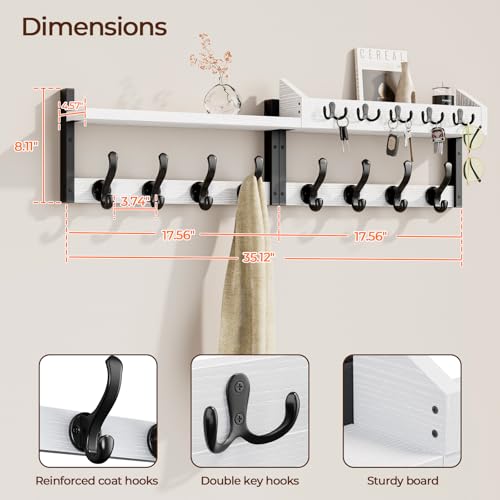 Evermagin 35" Coat Rack Wall Mount with Shelf, 4 in 1 Coat and Key Hanger with 13 Metal Hooks, Entryway Wall Mounted Shelf with Mail Holder for Living Room, Bedroom, White - color: White, size: 35 Inch