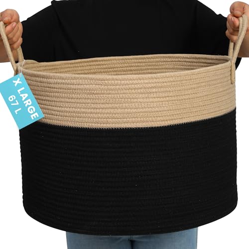 OrganiHaus Large Woven Storage Basket for Blankets and Toys 20" x 13" Inch, Rope Laundry Basket with Handles, Cushions & Pillows Storage Bin, Nursery Hamper, Soft Round Dog Toy Bin - Black/Honey - color: Black / Honey, size: Wide