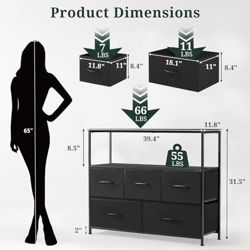 TV Stand, 5 Fabric Drawers Dresser Entertainment Center for TV up to 45 inch Wooden Media Console Table Storage Organizer with Open Shelf, for Living Room, Bedroom, or Small Space, Black - color: Black, size: 5 Drawers