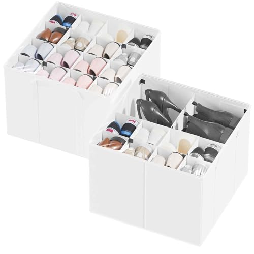 SpaceAid Shoe Organizer for Closet, 2 Pack Foldable Shoe Storage Containers Baskets Boxes Bins w/Adjustable Dividers, Fits 16-32 Pairs, White - color: White