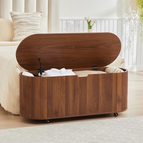Fluted Storage Bench with 4 Wheels, 43.3” Oval Storage Chest with Safety Hinges, Modern Wooden End of Bed Bench, Large Storage Trunk Toy Chest with Lift Top for Entryway Bedroom Living Room, Walnut - color: Walnut