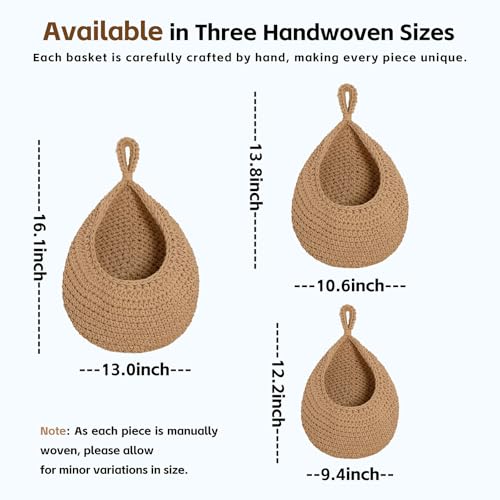 Hanging Storage Baskets Boho Decor Set of 3, Handmade Cotton Rope Wall-Mounted Fruit & Vegetable Baskets, Decorative Hanging Organizers for Kitchen, Entryway, Bathroom & Bedroom - color: Linen